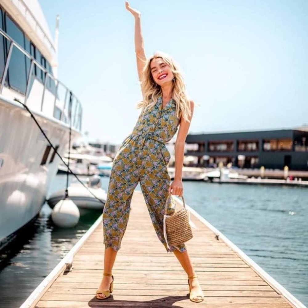 MODCLOTH Genuine Genius Halter Floral Pin Up Jumpsuit Mustard {B10}